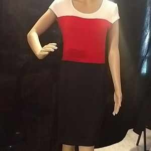 Azorti dress. White, red, and navy blue stripes.